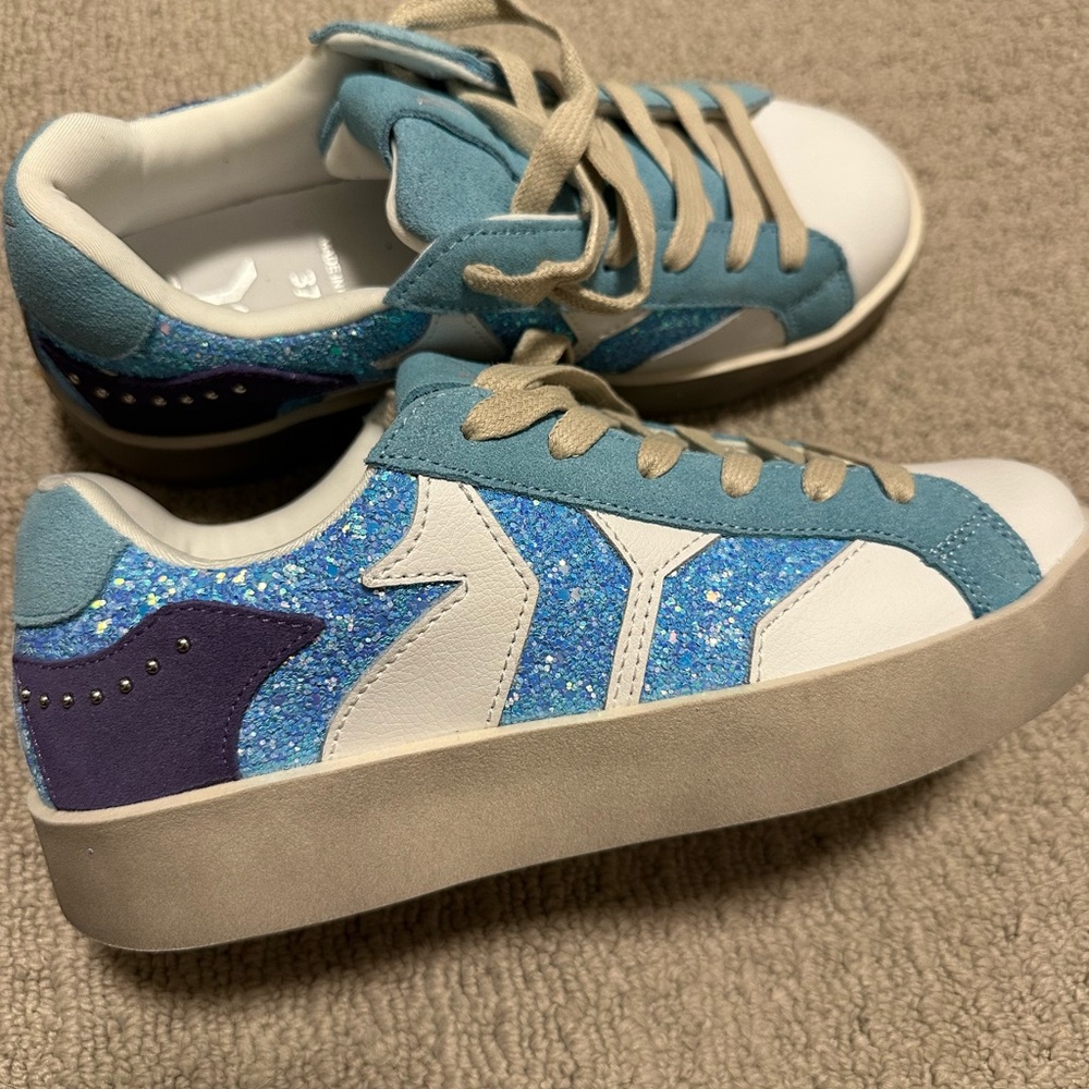 Blue and White Athletic Shoes